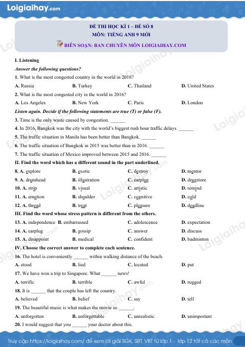 Đề số 8 - Đề kiểm tra học kì 1 - Tiếng Anh 9 mới